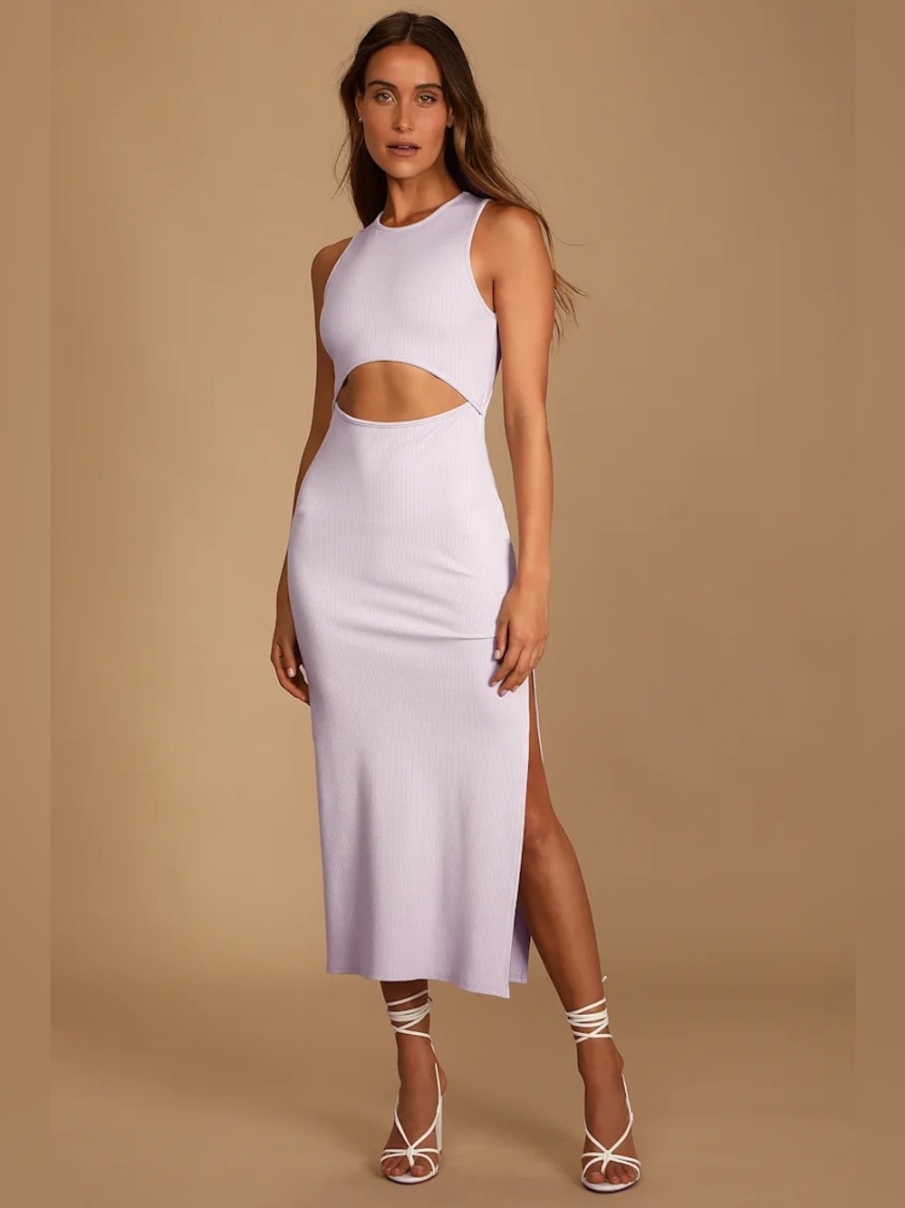 Lulu’s Cut to the Feeling Lavender Ribbed Cutout Bodycon Midi Dress